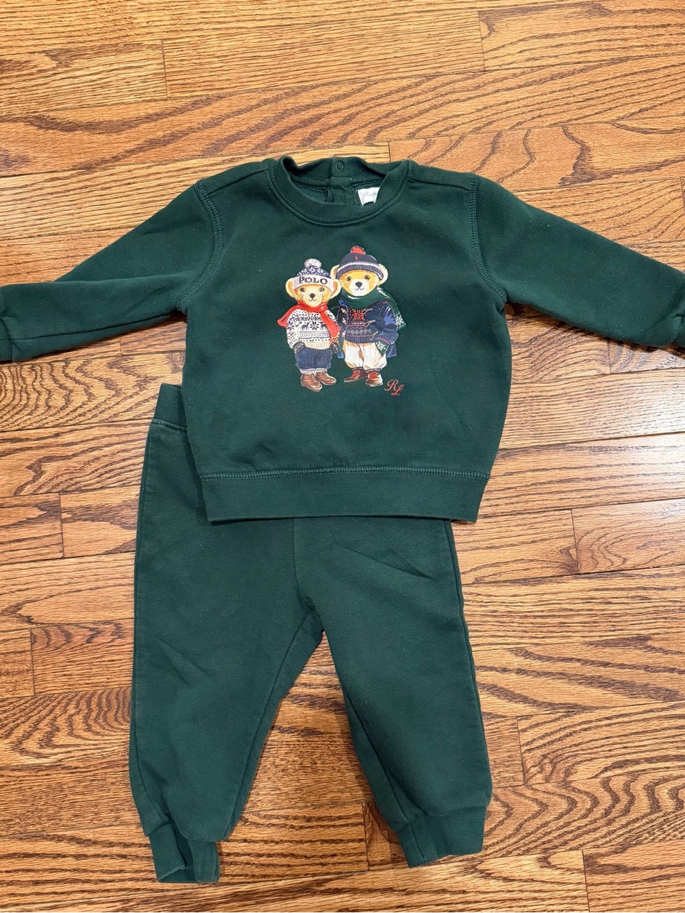 Ralph Lauren Forest Green Baby Sweatshirt Set with Embroidered Bear